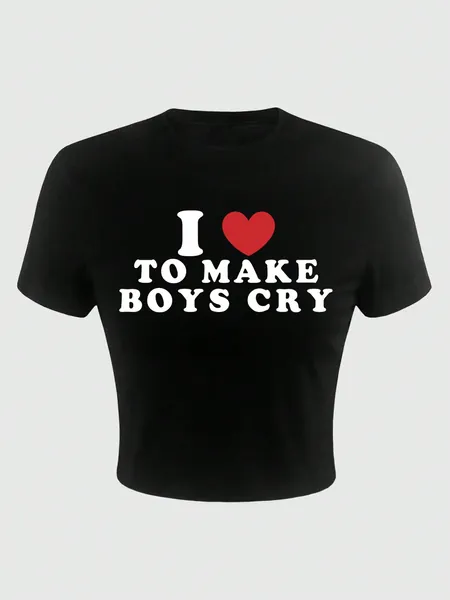 ROMWE Grunge Punk Y2k Spice Girls Style Valentine's Day Slogan Print Waist-Cinching Cropped Plus Size Women's T-Shirt