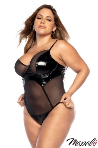 Wet Look Sheer Teddy | Black / 1X/2X