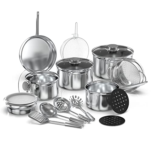 18-Piece Stainless Steel Kitchen Cookware Set, Including Saucepan, Casseroles with Tempered Glass Lid, Frypan, Steamer, Salad Bowl with Cover, Fryer Basket, Heat Resistant Mat & Utensils Set, Silver