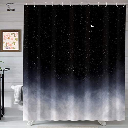 Neasow Black Shower Curtain,Stars and New Moon Bathroom Curtain Night Starry Sky Shower Curtains - Black - 72.00" x 72.00"