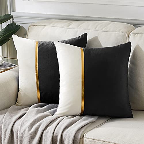 Fancy Homi 2 Packs Decorative Throw Pillow Covers 12x20 Inch for Living Room Couch Bed, Blush Pink and White Velvet Patchwork with Gold Leather, Luxury Modern Home Decor, Lumbar Cushion Case 30x50 cm - 18 x 18-Inch Black