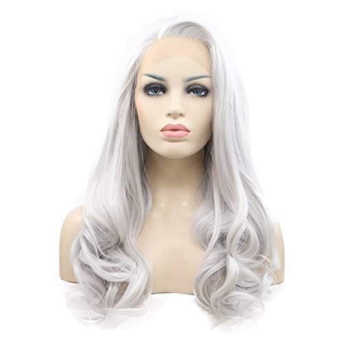 Melody Wig Silver Gray Lace Wigs For Women Body Wave Side Part Silver Grey Synthetic Lace Front Wigs 180% Density Half Hand Tied Heat Resistant Fiber Hair 24'' - silver gray