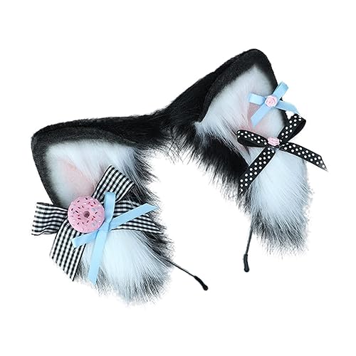 Faylay Women Furry Cat Ear Animal Ears Headband Ribbon Decor - Tgh-black