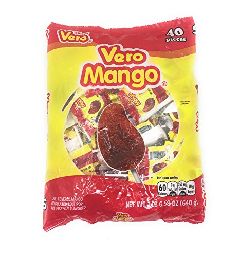 Vero Mango Lollipops Coated with Chili Powder, Hot and Sweet Candy Treat, Artificially Flavored, Net Wt. 1.39 Pound, 40 Count Bag - Mango - 40 Count (Pack of 1)
