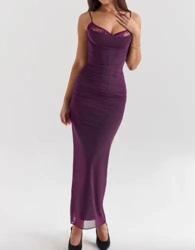Nalini Grape Mesh Corset Maxi Dress