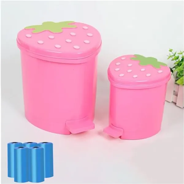 BxuxJar Strawberry Trash Can with Lid Cute Desk Trash Can Plastic Strawberry Garbage Can for Bedroom Small Kawaii Trash Can with 5 Rolls of Garbage Bags