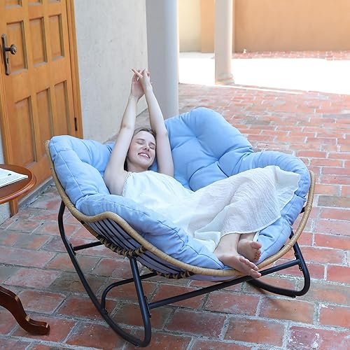 SWITTE Outdoor Rocking Chair, Patio Egg Rocking Chair, Indoor Papasan Chair, Rattan Wicker Lounge Chair, Modern Royal Chair for Bedroom, Living Room, Porch, Garden, Lawn-Blue - Blue - 29"W * 39"D * 20"H