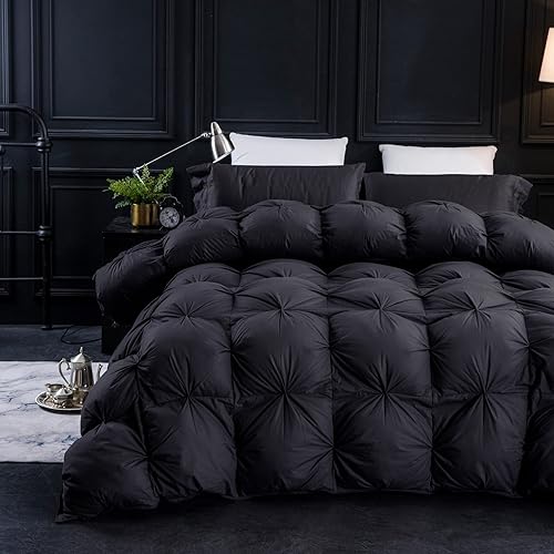 Three Geese Pinch Pleat Goose Feathers Down Comforter Queen Size Duvet Insert,750+ Fill Power,1200TC 100% Cotton Fabric,Premium Black-Gray Comforter for All Seasons with 8 Tab,Queen:90x90inches - Queen:90x90inches - Black-gray