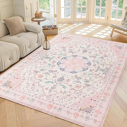 auruge Area Rug - Vintage 5x7 Non-Slip Backing Area Rugs Light Pink Soft Faux Wool Carpet Foldable & Machine Washable Rugs for Living Room Bedroom Dining Room Nursery Home Office - 5'x7' - Pink