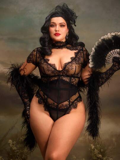 PinupGlam Floral Sexy French Eyelash Lace Slimming Princess Cut Jumpsuit, Plus Size Lingerie