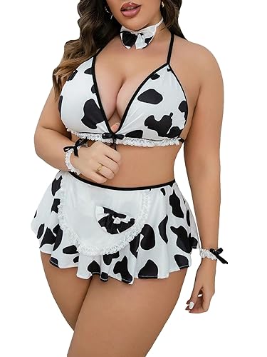 WDIRARA Women's Plus Size Cow Print Maid Costume Lace Trim Bralette and Skirt Lingerie Set with Choker - XX-Large Plus - Black and White