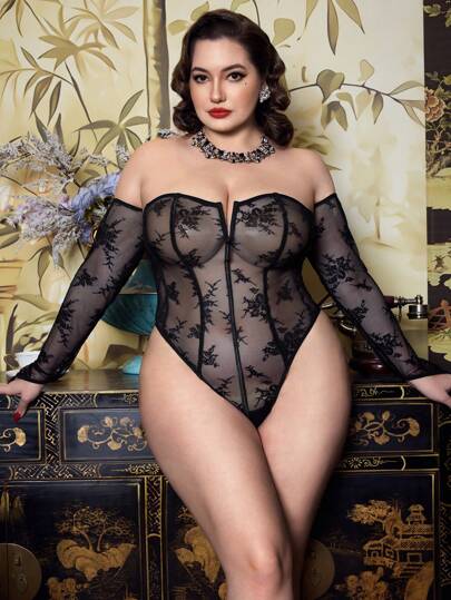 PinupGlam Plus Size Women Sexy Off Shoulder Long Sleeve Sheer Exotic Lingerie