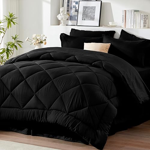 Newspin Queen Bed in a Bag 8 Pieces Comforter Set, Black All Season Bed Set, Queen Bedding Sets with Comforter and Sheets, Pillow Shams, Flat Sheet, Fitted Sheet, Pillowcases and Bed Skirt - Black - Diamond - Queen