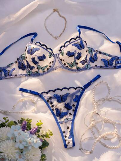 2 Pcs Women's Butterfly Embroidery Underwire Bra And Thong Panty Set