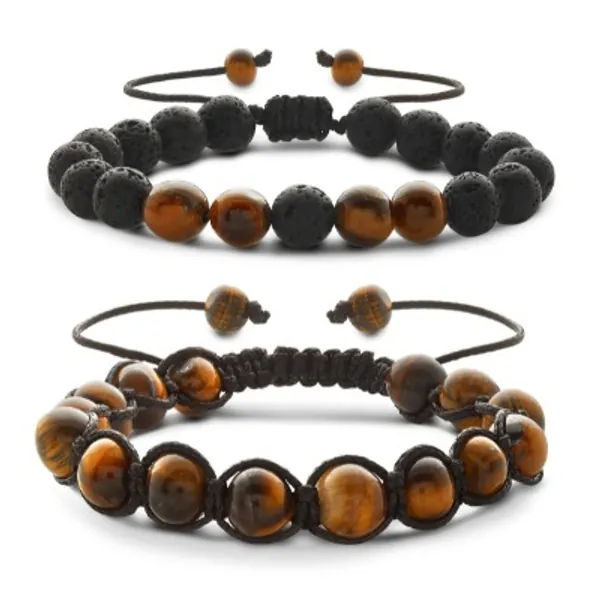 HTL 2 Pcs Tiger Eye Crystal Bracelet and Lava Rock Stone Bracelet for Men and Women. 8mm Stone bracelet, Essential Oil Diffuser Chakra Aromatherapy Bracelets Yoga Beads Bracelet, Black (Htl2)