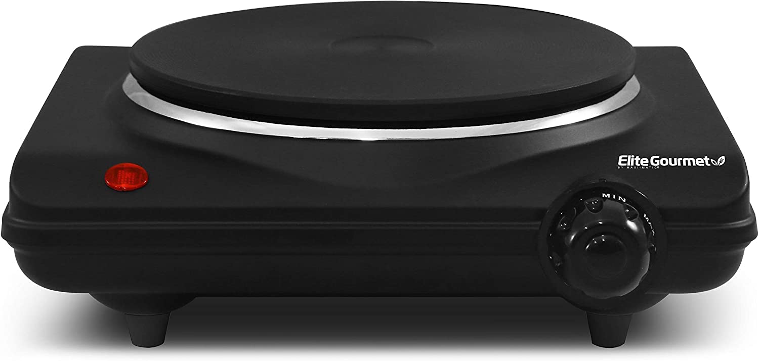 Elite Gourmet ESB-301BF Countertop Single Cast Iron Burner, 1000 Watts Electric Hot Plate, Temperature Controls, Power Indicator Lights, Easy to Clean, Black