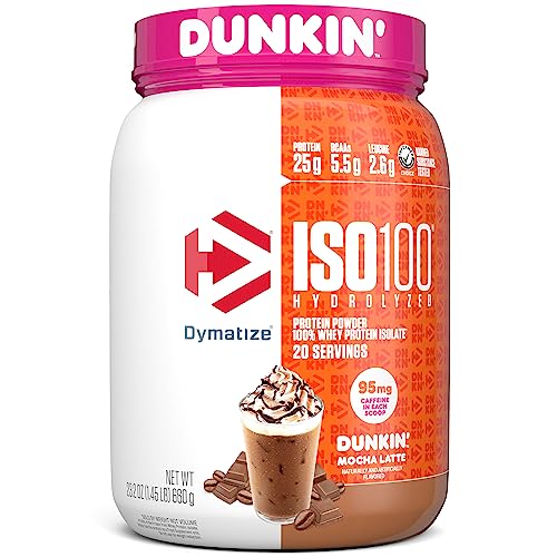 Dymatize ISO100 Hydrolyzed Protein Powder in Dunkin' Mocha Latte Flavor, 100% Whey Isolate Protein, 25g Protein, 95mg Caffeine, 5.5g BCAAs, Gluten Free, Fast Absorbing, Easy Digesting, 20 Servings - Dunkin' Mocha Latte flavor - 20 Servings (Pack of 1)