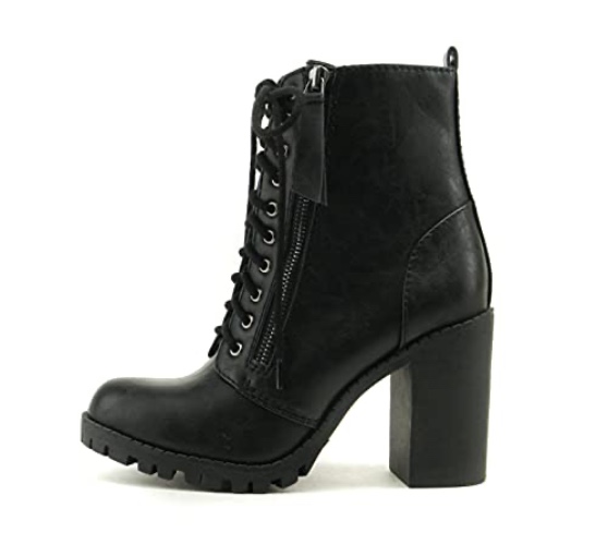 Soda Malia Round Toe Stacked Lug Heel Lace Up Ankle Booties - 7 - Black (Pu)