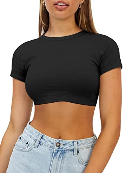 Haochic Womens Crop Tops Crewneck Y2K Summer T-Shirt Basic Short Sleeve Fitted Knit Ribbed Casual Blouse Cute Tee Shirt