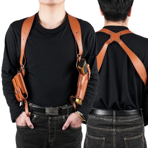 Leather Shoulder Holster fit Glock 1911, Shoulder Holster for Concealed Carry with Double Magazine Holder Fit Glock 1911 and Most Kinds of Pistols