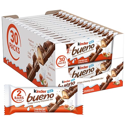 Kinder Bueno, Bulk 30 Pack, Milk Chocolate and Hazelnut Cream, Stocking Stuffers, 2 Individually Wrapped Chocolate Bars per Pack, 1.5 oz Each - 1.5 Ounce (Pack of 30)
