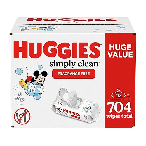 Huggies Simply Clean Fragrance-Free Baby Wipes, Unscented Diaper Wipes, 11 Flip-Top Packs (704 Wipes Total) - 64 Count (Pack of 11)