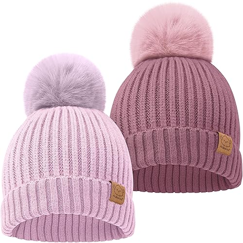 KeaBabies 2-Pack Baby Beanies for Girls, Boys - Toddler Winter Hat, Soft & Warm Baby Hat, Baby Girl and Boy Hats with Pom Pom, Toddler Beanie Hat, Knit Infant Hat Kids Beanie for Newborn (Regalia) - 6-36 Months - Regalia