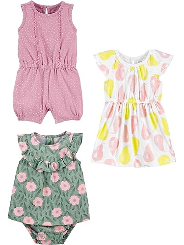Simple Joys by Carter's Baby Girls' 3-Pack Romper, Sunsuit and Dress - 12 Months - Dots/Flowers/Pears
