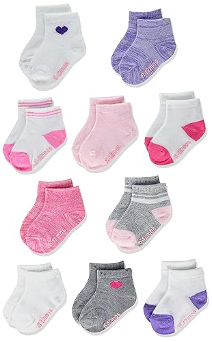 Hanes Baby and Toddler, Non-Slip Grip Ankle Socks, Boys' and Girls', Multipacks - 12-24 Months - Pink/White/Purple/Grey - 10 Pack - 10