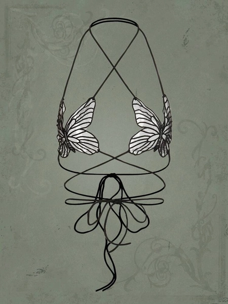 Goth Butterfly Print Criss Cross Halter Bra