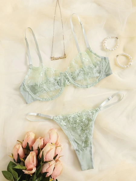 Sheer Mesh Embroidery Underwire Lingerie Set