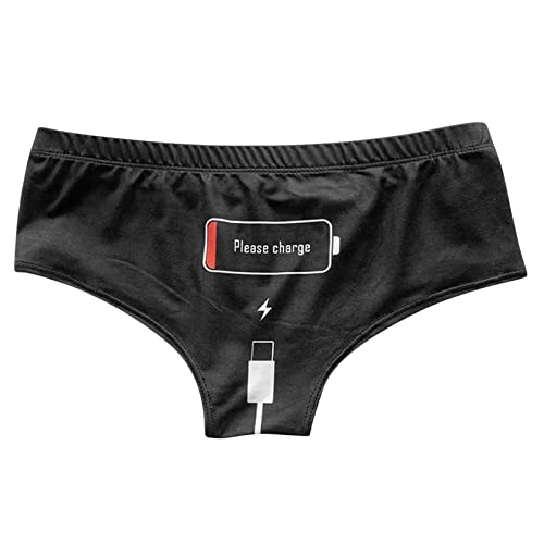 Funny 'Please Charge' Print Sexy Panties for Women, Cartoon Stretch Soft Seamless Underwear Bikini Bottom Gifts (Black) - Black - Large