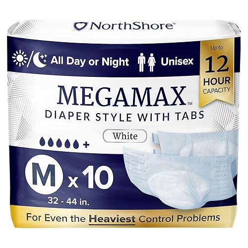 NorthShore MegaMax Adult Overnight Diapers, 12-Hour Tab-Style, Medium, 10 Count Bag, White, 32-44 inches, Unisex Incontinence Underwear - White - Medium (10 Count)