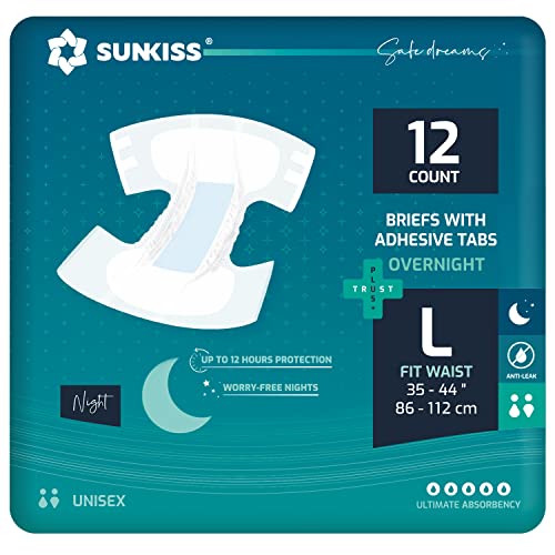 SUNKISS TrustPlus Overnight Adult Diapers with Ultimate Absorbency, Unisex Disposable Incontinence Briefs with Tabs for Men and Women, Odor Control, Leak Protection, Large, 12 Count - Large (Pack of 12) - Overnight