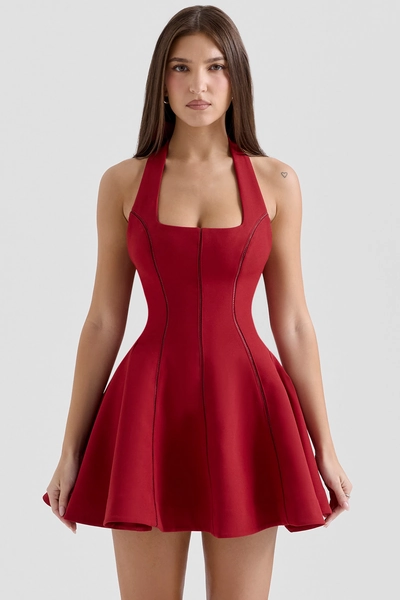 Loulette Red Halter Neck Bow Mini Dress