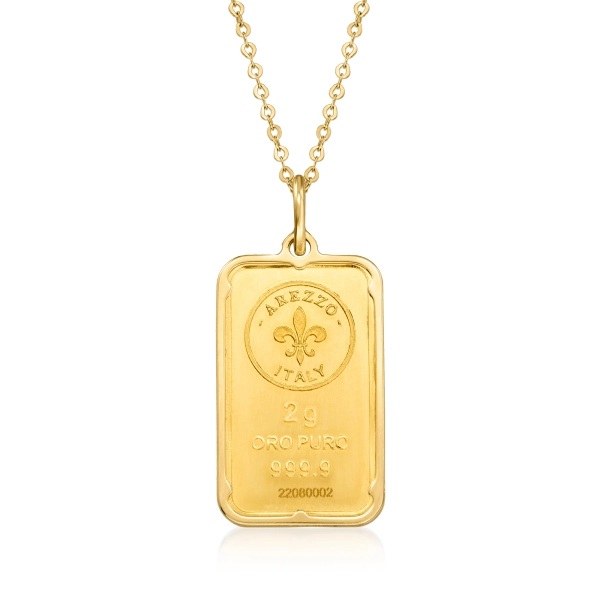 Italian 24kt Yellow Gold Fleur-De-Lis Two-Gram Ingot Pendant Necklace with 14kt Yellow Gold Frame