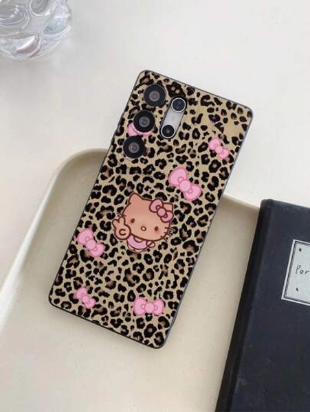 Sanrio Nuevo estuche de teléfono con estampado de leopardo y diseño de gato, de TPU suave negro, anti-caída, anti-arañazos y anti-huellas dactilares, con protección de la lente de la cámara, compatible con Samsung, Xiaomi Redmi, OPPO, VIVO, cubierta protectora resistente al agua y a los golpes