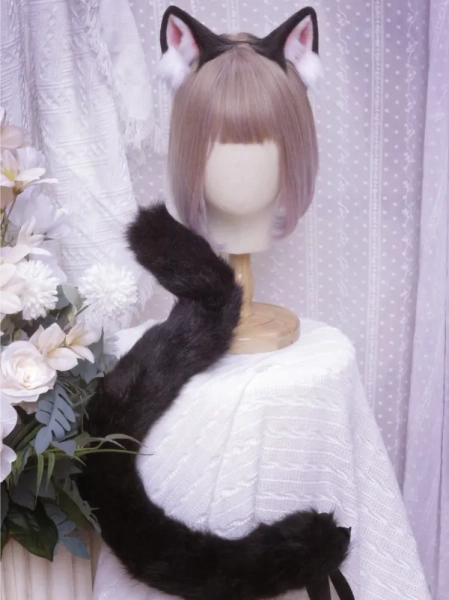 Handmade Faux Fur Black Cat Ears KC/Tail SET