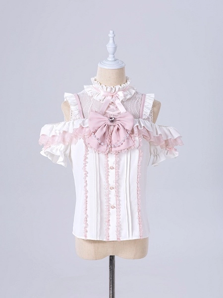 [$39.00]Jirai Kei Open Shoulders White and Pink Sweet Short Sleeves Blouse