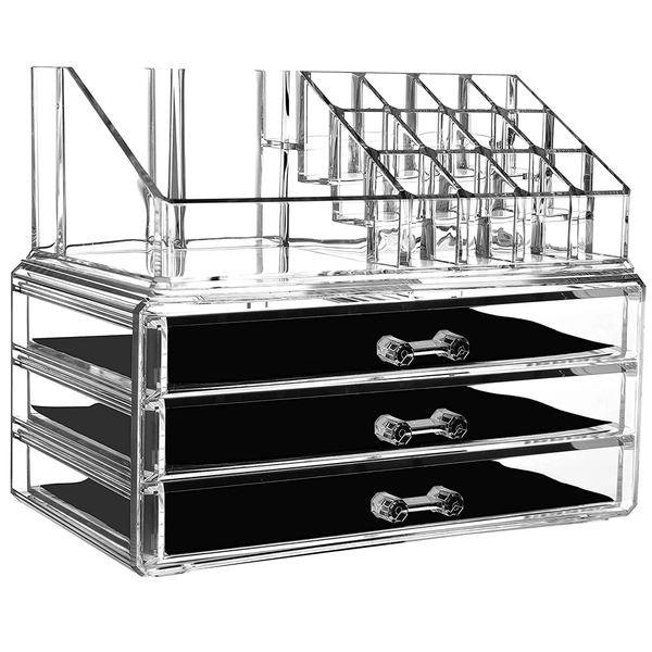 16 Slot & 3 Stackable Drawer Acrylic Cosmetic and Makeup Storage Case Organizer