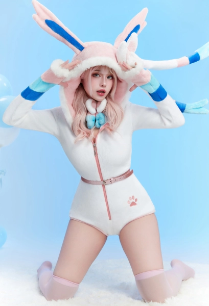 Sylveon Derivative Sexy Hooded Bodysuit Deep V Kawaii One Piece Lingerie Rompers with Choker and Socks
