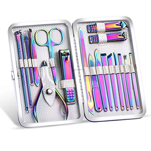 2024 Rainbow Manicure Kits 18 Pcs Nail Clippers for Women Gift SFYDOM Women's Rainbow Leather Manicure Set (18-RainbowManicure Kits)