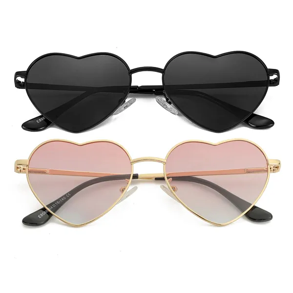 Polarized Heart Sunglasses for Women Fashion Lovely Style Metal Frame UV400 Protection Lens - Two Pack: Black/Grey + Gold/Gradient Pink 54 Millimeters