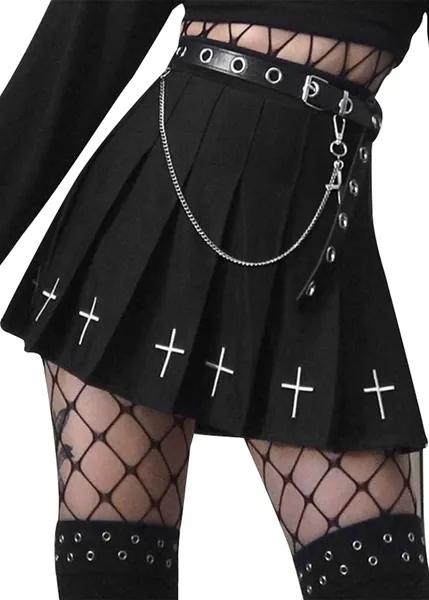 Pleated Skirt Goth Dress Kawaii Plaid Punk Dark Mini Cute High Waist Gothic - Small Balck Skirt + Belt