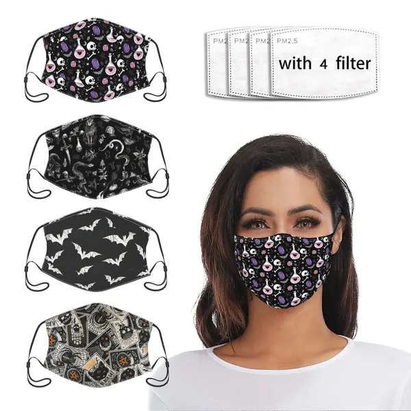 4 Pcs Mask Fashion Pattern With 4 Filters For Womens Mens Breathable Face Cover - Goth Gothic Skulls Salem Witch Bats Cat Tarot Cards