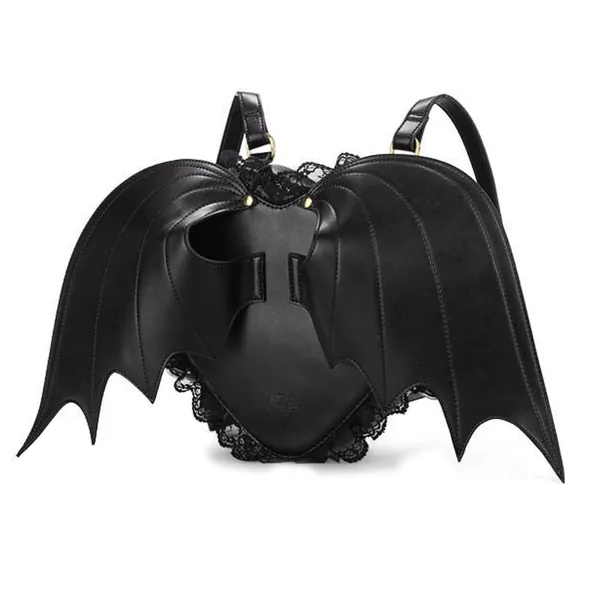 Neevas Fashion Girl Gothic Black Bat Heart Wings Backpack Goth Punk Lace Wing Bag - 
