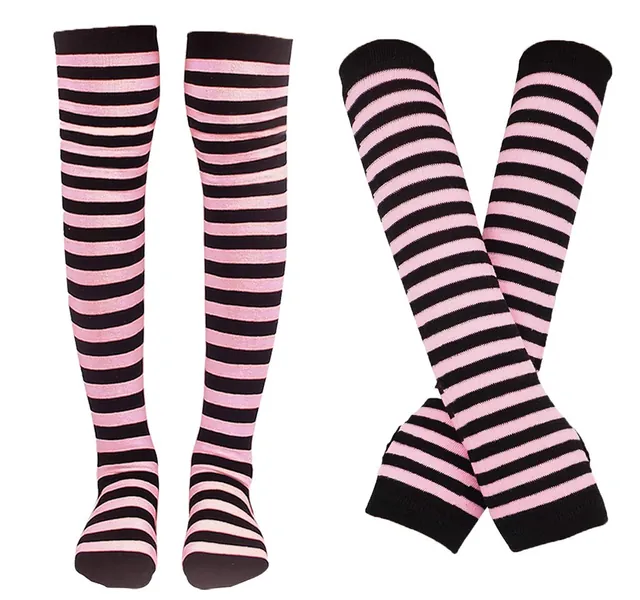 Bienvenu Womens Socks Striped Knee High Socks Arm Warmer Fingerless Gloves Set - Pink