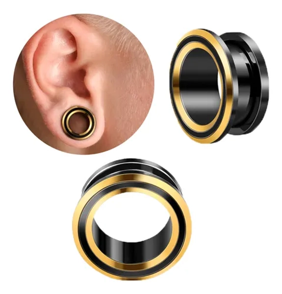 (1 Par)alargador Aço Cirúrgico Black Com Detalhes Dourado