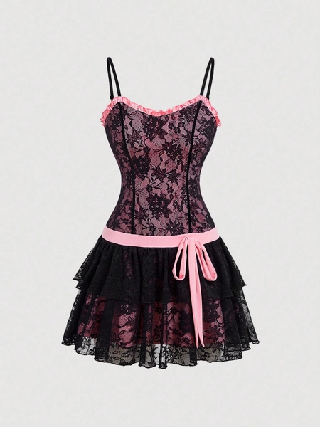 SHEIN MOD Women's Black & Pink Contrast Color Lace Hollow Out Double Layered Hem Ribbon Bowknot Ruffle Dress