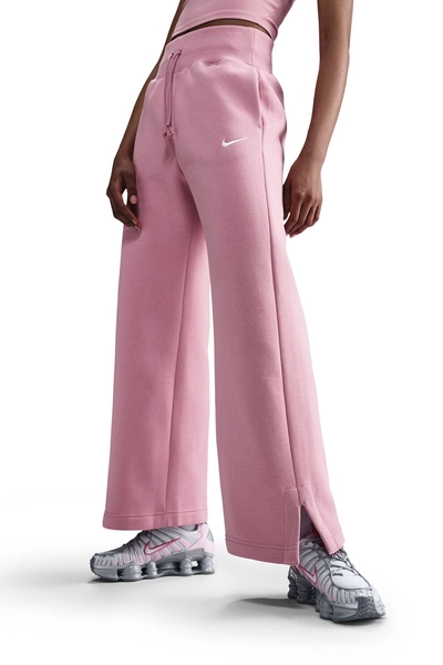 Nike, Pantaloni de trening cu croiala ampla si talie inalta Phoenix, Alb, Roz, S